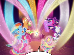 Size: 3394x2505 | Tagged: safe, artist:light262, artist:lummh, edit, applejack, fluttershy, pinkie pie, rainbow dash, rarity, twilight sparkle, alicorn, earth pony, pegasus, pony, unicorn, comic:timey wimey, g4, colored wings, cropped, female, floating, high res, magic, magic aura, mane six, mare, multicolored wings, open mouth, rainbow of light, rainbow power, rainbow wings, smiling, spread wings, twilight sparkle (alicorn), wings