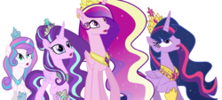 Size: 2068x934 | Tagged: safe, artist:gihhbloonde, princess cadance, princess flurry heart, starlight glimmer, twilight sparkle, alicorn, pony, g4, alicornified, alternate universe, base used, crown, ethereal mane, female, group, hoof shoes, horseshoes, jewelry, looking up, mare, necklace, older, older flurry heart, older princess cadance, peytral, quartet, race swap, regalia, simple background, starlicorn, starry mane, transparent background, twilight sparkle (alicorn), ultimate cadance, ultimate twilight