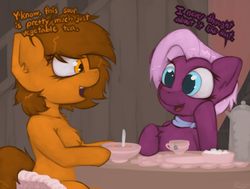 Size: 1603x1212 | Tagged: safe, artist:marsminer, jasmine leaf, oc, oc:venus spring, earth pony, pony, unicorn, semi-anthro, g4, canon x oc, dialogue, female, food, human shoulders, smiling, soup, tea, that pony sure does love soup, venus spring actually having a pretty good time