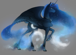 Size: 1024x736 | Tagged: safe, artist:bootsdotexe, princess luna, alicorn, pony, comic:beyond our borders, g4, alternate universe, colored fetlocks, ethereal fetlocks, ethereal mane, female, four wings, gray background, mare, multiple wings, raised hoof, realistic horse legs, simple background, solo, starry mane, unshorn fetlocks, wings