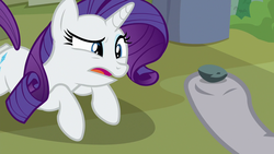 Size: 1280x720 | Tagged: safe, screencap, boulder (g4), maud pie, rarity, pony, unicorn, fake it 'til you make it, g4, eyeshadow, female, makeup, mare, open mouth, raised eyebrow, solo focus, underhoof