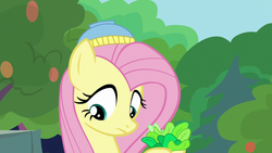 Size: 1280x720 | Tagged: safe, screencap, fluttershy, pegasus, pony, fake it 'til you make it, g4, female, food, lettuce, mare, solo