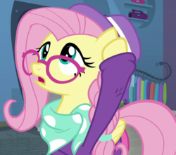 Size: 732x647 | Tagged: safe, screencap, fluttershy, pegasus, pony, fake it 'til you make it, g4, alternate hairstyle, cropped, female, glasses, hipstershy, looking up, mare, open mouth, solo