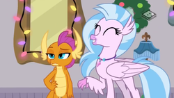 Size: 1366x768 | Tagged: safe, screencap, silverstream, smolder, dragon, hippogriff, g4, the hearth's warming club, cute, diastreamies, female, hand on hip, unamused