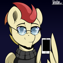 Size: 1181x1181 | Tagged: safe, artist:php97, oc, oc only, oc:jet stream, pegasus, pony, cellphone, clothes, glasses, phone, smartphone, smiling, solo, steve jobs, sweater, wing hands, wing hold, wings
