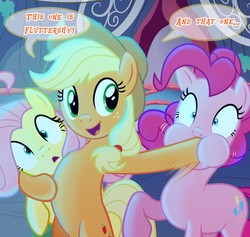 Size: 1603x1517 | Tagged: safe, artist:light262, artist:lummh, edit, applejack, fluttershy, pinkie pie, earth pony, pegasus, pony, comic:timey wimey, g4, bipedal, comic, cropped, female, hoof in mouth, hoofjack, smiling, speech bubble