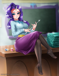 Size: 1000x1281 | Tagged: safe, alternate version, artist:racoonsan, rarity, human, g4, school daze, anime, beautiful, beautisexy, blurry background, breasts, chalkboard, classroom, cloth, clothes, crossed legs, cummerbund, cute, desk, eyelashes, eyeshadow, feet, female, horn, horned humanization, hot for teacher, humanized, indoors, legs, looking at you, makeup, missing shoes, nail polish, necktie, pantyhose, partially undressed, pointer, raritights, sash, school of friendship, schoolmarm rarity, sexy, shirt, sitting, skirt, smiling, socks, solo, spool, stupid sexy rarity, teacher, tight clothing, toes