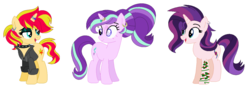 Size: 1243x441 | Tagged: safe, artist:fandom-crockpot, artist:mlpfangirl17, artist:selenaede, starlight glimmer, sunset shimmer, oc, oc:evening glitter, pony, unicorn, icey-verse, g4, alternate hairstyle, base used, bedroom eyes, choker, clothes, ear piercing, earring, eye scar, eyeshadow, family, female, goth, horn, horn ring, jacket, jewelry, leather jacket, lesbian, magical lesbian spawn, makeup, mare, mother and daughter, next generation, offspring, open mouth, parent:starlight glimmer, parent:sunset shimmer, parents:shimmerglimmer, piercing, ring, scar, ship:shimmerglimmer, shipping, simple background, spiked choker, tattoo, wedding ring, white background