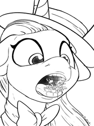 Size: 900x1202 | Tagged: safe, artist:php187, oc, oc:abel, pony, cloudsdale, confused, female, fetish, giant pony, giantess, hat, imminent vore, macro, mare, maw, mawshot, open mouth