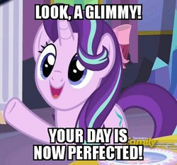 Size: 429x399 | Tagged: safe, edit, edited screencap, screencap, starlight glimmer, pony, unicorn, g4, no second prances, 4chan, adorable face, cute, discovery family logo, glim glam, glimmerbetes, glimmy, good end, subverted meme, your day is awesome