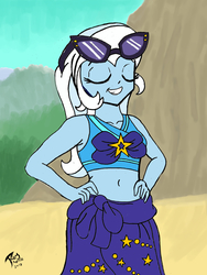 Size: 2344x3125 | Tagged: safe, artist:radiancebreaker, trixie, equestria girls, equestria girls specials, g4, my little pony equestria girls: better together, my little pony equestria girls: forgotten friendship, belly button, clothes, eyes closed, female, hand on hip, high res, midriff, solo, sunglasses, sunglasses on head, swimsuit, traditional art