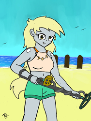 Size: 2344x3125 | Tagged: safe, artist:radiancebreaker, derpy hooves, equestria girls, g4, belly button, clothes, female, high res, metal detector, midriff, solo, swimsuit, traditional art