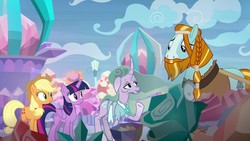 Size: 1280x720 | Tagged: safe, screencap, applejack, mistmane, rockhoof, twilight sparkle, alicorn, earth pony, pony, unicorn, a rockhoof and a hard place, g4, beard, crystal, crystal empire, crystal flower, ethereal mane, facial hair, female, male, mare, moustache, rockhoof's shovel, stallion, twilight sparkle (alicorn)