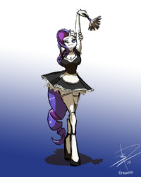 Size: 3200x4000 | Tagged: safe, artist:threewontoo, rarity, unicorn, anthro, unguligrade anthro, g4, big breasts, breasts, busty rarity, clothes, female, grin, maid, mare, one eye closed, smiling, solo, wink