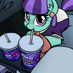 Size: 600x600 | Tagged: dead source, safe, artist:plunger, mixed berry, pony, g4, the parent map, car, cup, cup holder, drawthread, drink, drinking, ear piercing, earring, female, jewelry, looking at you, mare, pepsi, piercing, ponified, ponified animal photo, prone, soda, taco bell