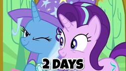 Size: 2560x1440 | Tagged: safe, edit, edited screencap, screencap, starlight glimmer, trixie, pony, unicorn, g4, no second prances, road to friendship, season 8, australia, best friends, boomerang (tv channel), cape, clothes, countdown, cute, duo, female, happy, hat, looking at each other, one eye closed, smiling, text, this will end in trixie, trixie's cape, trixie's hat, wink