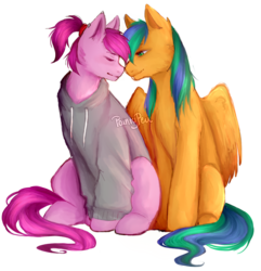 Size: 2345x2428 | Tagged: safe, artist:paintypen, oc, oc only, oc:naarkerotics, clothes, female, high res, hoodie, male, nuzzling, oc x oc, shipping, simple background, straight, transparent background, ych result