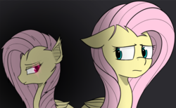 Size: 2201x1358 | Tagged: safe, alternate version, artist:pinkberry, edit, fluttershy, bat pony, pony, g4, duality, duo, fangs, female, flutterbat, glowing eyes, gradient background, looking sideways, race swap, self ponidox, worried