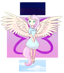 Size: 1741x1989 | Tagged: safe, artist:nagai-kida, fluttershy, pegasus, anthro, g4, clothes, dress, female, high heels, looking away, mare, shoes, solo, spread wings, wings