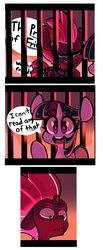 Size: 1012x2463 | Tagged: safe, artist:sourspot, tempest shadow, twilight sparkle, alicorn, pony, unicorn, g4, my little pony: the movie, broken horn, cage, comic, dialogue, eye scar, female, fourth wall, horn, mare, scar, speech bubble, twilight sparkle (alicorn)