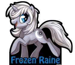 Size: 3552x3096 | Tagged: safe, artist:sciggles, oc, oc only, oc:frozen raine, pony, unicorn, badge, con badge, female, gray coat, high res, simple background, smiling, solo, transparent background, trotting