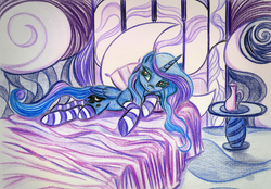 Size: 2000x1392 | Tagged: safe, artist:pedrohander, princess luna, alicorn, pony, g4, bedroom, clothes, female, lidded eyes, looking at you, mare, missing accessory, socks, solo, striped socks, traditional art