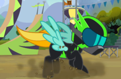 Size: 1506x981 | Tagged: safe, screencap, lightning dust, pegasus, pony, g4, season 8, the washouts (episode), bodysuit, female, goggles, helmet, mare, omg, raised hoof, washouts uniform