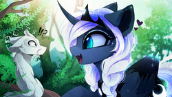 Size: 3247x1832 | Tagged: safe, artist:magnaluna, princess luna, oc, oc:zefiroth, alicorn, chinese dragon, dragon, pony, zefiros codex, g4, alternate design, alternate universe, cute, cute little fangs, duo, ethereal mane, exclamation point, fangs, female, heart, male, mare, open mouth, question mark, white-haired luna