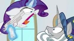 Size: 1920x1080 | Tagged: safe, edit, edited screencap, screencap, rarity, star swirl the bearded, pony, unicorn, friendship university, g4, angry, cowering, delet this, eye contact, faic, female, floppy ears, glowing horn, gun, handgun, hat, horn, looking at each other, m1911, magic, male, mare, nose wrinkle, open mouth, pistol, rage, shouting rarity, stallion, tongue out, trigger discipline, wat, weapon, wide eyes