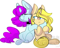 Size: 1854x1493 | Tagged: safe, artist:maximumbark, oc, oc only, oc:annabelle (zizzydizzymc), oc:blooming corals, pony, unicorn, annoyed, collar, female, hug, simple background, transparent background, watermark