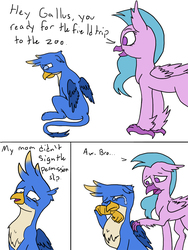 Size: 675x900 | Tagged: safe, artist:slamjam, gallus, silverstream, classical hippogriff, griffon, hippogriff, g4, comic, crying, sad, text