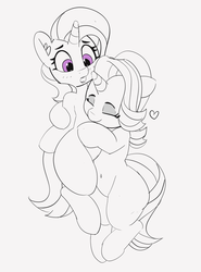 Size: 1280x1729 | Tagged: dead source, safe, artist:pabbley, starlight glimmer, trixie, pony, unicorn, semi-anthro, g4, cuddling, cute, female, heart, hug, human shoulders, lesbian, lineart, mare, partial color, ship:startrix, shipping, simple background, smiling, white background