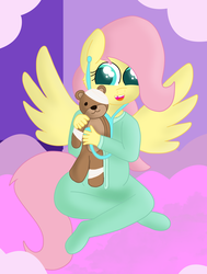 Size: 2161x2865 | Tagged: safe, artist:skyflys, fluttershy, anthro, g4, bandage, clothes, cute, female, filly, filly fluttershy, foal, footed sleeper, high res, listening, pajamas, playing doctor, shyabetes, spread wings, stethoscope, teddy bear, toy, wings, younger