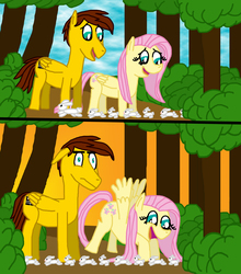 Size: 2171x2472 | Tagged: safe, artist:sb1991, fluttershy, oc, oc:film reel, pegasus, pony, rabbit, g4, big eyes, bush, comic, forest, high res, spread wings, story included, sunset, tree, wingboner, wings