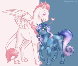 Size: 1280x1078 | Tagged: safe, artist:acry-artwork, oc, oc:astral, oc:moon cradle, crystal pony, crystal unicorn, kirin, pony, unicorn, couple, headband, unicorn oc