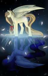Size: 1040x1629 | Tagged: safe, artist:scarletsfeed, oc, oc only, oc:alice goldenfeather, oc:penumbra, pegasus, pony, female, glowing eyes, large wings, reflection, solo, water, wings