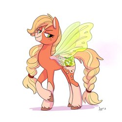 Size: 1200x1200 | Tagged: safe, artist:amyrightmeow, applejack, flutter pony, pony, g4, alternate design, appaloosa, applejack (g5 concept leak), bangs, braid, braided ponytail, braided tail, butterfly wings, coat markings, female, freckles, g5 concept leak style, g5 concept leaks, green eyes, hooves, lashes, mare, orange coat, simple background, socks (coat markings), solo, unshorn fetlocks, white background, yellow hair, yellow tail