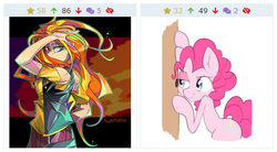 Size: 476x263 | Tagged: safe, artist:akainu_pony, artist:tyuubatu, pinkie pie, sunset shimmer, earth pony, pony, derpibooru, equestria girls, equestria girls series, g4, breasts, clothes, equestria girls outfit, female, interspecies, juxtaposition, juxtaposition bait, juxtaposition win, lesbian, looking back, mare, meme, meta, pinkie loves bacon bits, ship:sunsetpie, shipping, smiling
