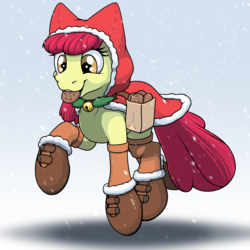 Size: 2000x2000 | Tagged: safe, artist:ohemo, apple bloom, earth pony, pony, g4, atg 2018, boots, clothes, coat, cookie, female, filly, foal, food, gradient background, high res, mouth hold, newbie artist training grounds, shoes, smiling, socks, solo