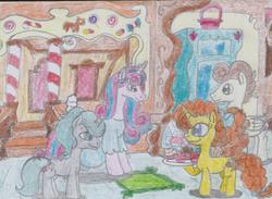 Size: 1217x891 | Tagged: safe, artist:nephilim rider, pound cake, princess flurry heart, pumpkin cake, oc, oc:shimmering glow, g4, adult, brother and sister, cake twins, canon x oc, clothes, couple, cupcake, dress, female, food, husband and wife, male, mama flurry, married couple, multiple pregnancy, offspring, offspring shipping, older, older flurry heart, older pound cake, older pumpkin cake, parent:king sombra, parent:radiant hope, parents:hopebra, pregnant, shipping, siblings, straight, sugarcube corner, traditional art, twins