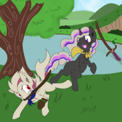 Size: 4000x4000 | Tagged: safe, artist:steelsoul, oc, oc only, cape, clothes, colt, commission, lake, male, playing, sword, tree, weapon