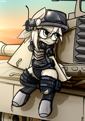 Size: 3623x5118 | Tagged: safe, artist:jetwave, oc, oc only, oc:treasure, pony, army, boots, camouflage, clothes, desert, female, goggles, mare, military, shoes, sitting, socks, solo, tank (vehicle), thigh highs