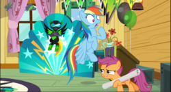 Size: 1742x936 | Tagged: safe, screencap, rainbow dash, scootaloo, pegasus, pony, g4, the washouts (episode), betrayal, caught, duo, female, filly, mare, poster, traitor