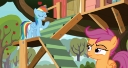 Size: 1732x928 | Tagged: safe, screencap, rainbow dash, scootaloo, pegasus, pony, g4, the washouts (episode), apple, apple tree, duo, female, filly, food, mare, tree