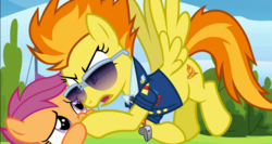 Size: 1736x924 | Tagged: safe, screencap, scootaloo, spitfire, pegasus, pony, g4, the washouts (episode), bitchfire, clothes, duo, female, filly, mare, necktie, possible backlash incoming, sunglasses, uniform, wonderbolts dress uniform
