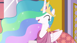Size: 1920x1080 | Tagged: safe, screencap, princess celestia, alicorn, pony, g4, make new friends but keep discord, clothes, crown, cute, cutelestia, dress, ethereal mane, eyes closed, female, flowing mane, folded wings, gala, gala dress, having fun, jewelry, mare, multicolored mane, open mouth, regalia, sillestia, silly, smiling, sparkling mane, talking