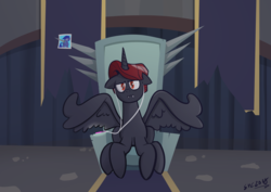 Size: 1748x1240 | Tagged: safe, artist:christheblue, oc, oc only, oc:inimicus mal, alicorn, pony, alicorn oc, banners, bored, castle, commission, earbuds, fanfic, ipod, lullabye, opera diaboli, photo, red and black oc, solo, throne, throne room