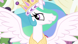 Size: 1280x720 | Tagged: safe, screencap, princess celestia, alicorn, pony, g4, magical mystery cure, celestia's ceremonial crown, close-up, clothes, crown, dress, female, jewelry, mare, regalia, smiling, spread wings, wings