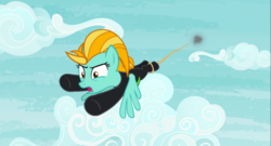 Size: 2923x1573 | Tagged: safe, screencap, lightning dust, pegasus, pony, g4, the washouts (episode), clothes, cloud, female, flying, mare, rope, sky, smoke, solo, uniform, washouts uniform, wings