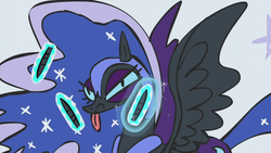 Size: 1280x720 | Tagged: safe, screencap, nightmare moon, g4, scare master, armor, big fat meanie, drawing, faic, glowing horn, horn, mlem, nightmare mlem, tongue out